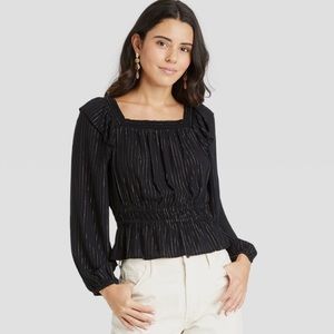 Balloon Long Sleeve Peplum Blouse Universal Thread Black Metallic Gold Stripe